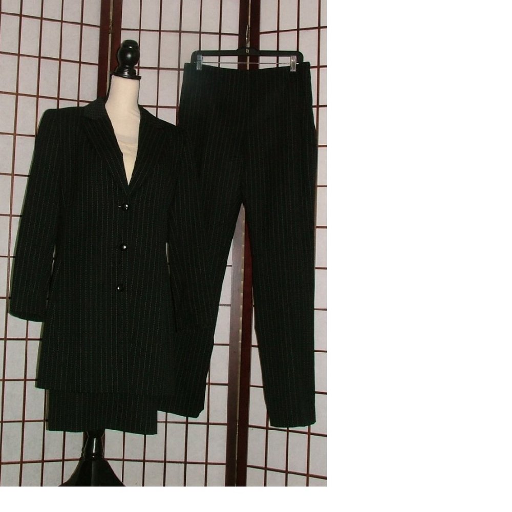 Dana Buckman, Black with white Pinstripe Jacket, Skirt and Pants